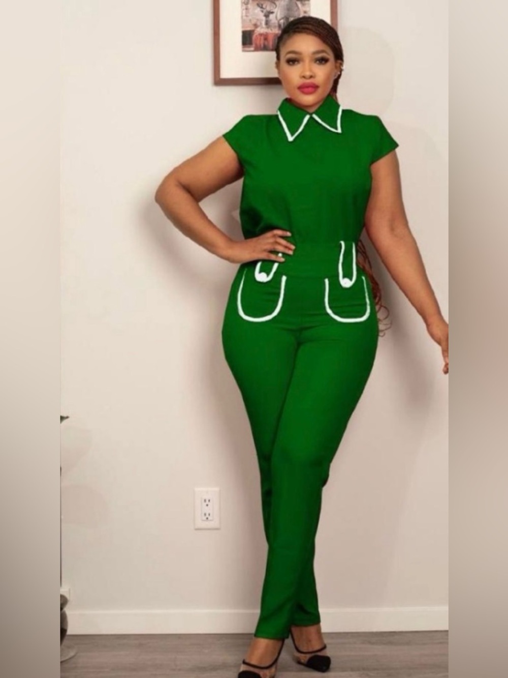 Elegant Green Two-Piece Jumpsuit with Contrast Trim Sz 46(14)